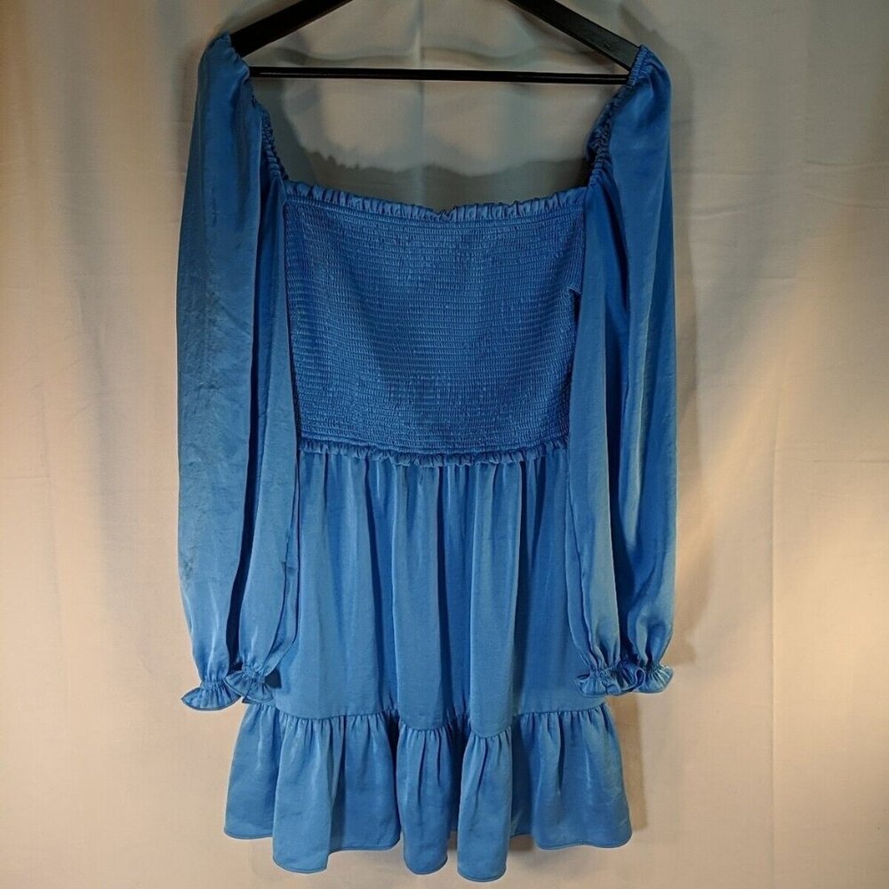 Wilfred Blue Satin Ruched Dress Long Sleeve Peasant Bishop Wide Sleeves M Medium